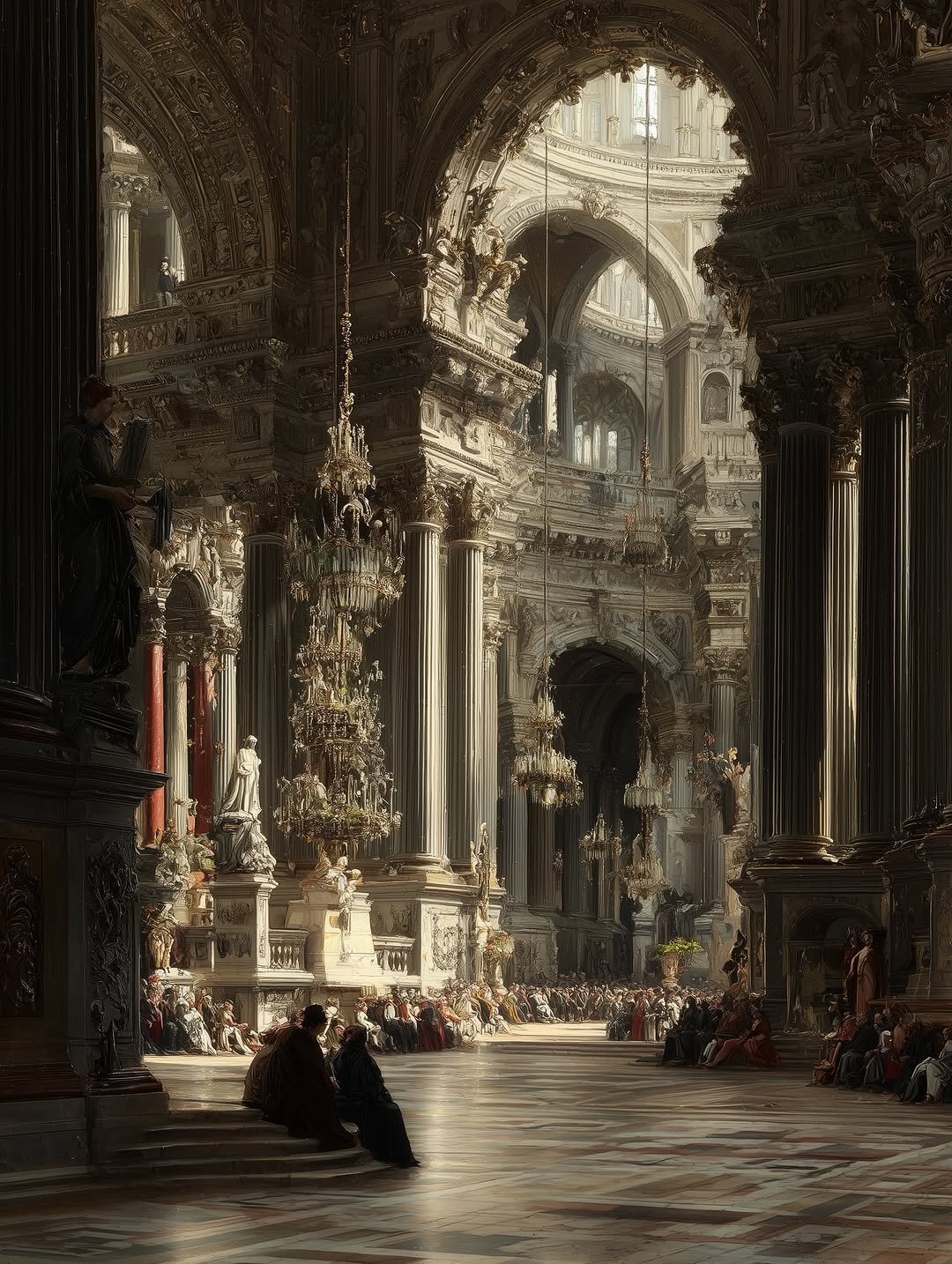 Baroque palace interior with arches, columns and chandeliers